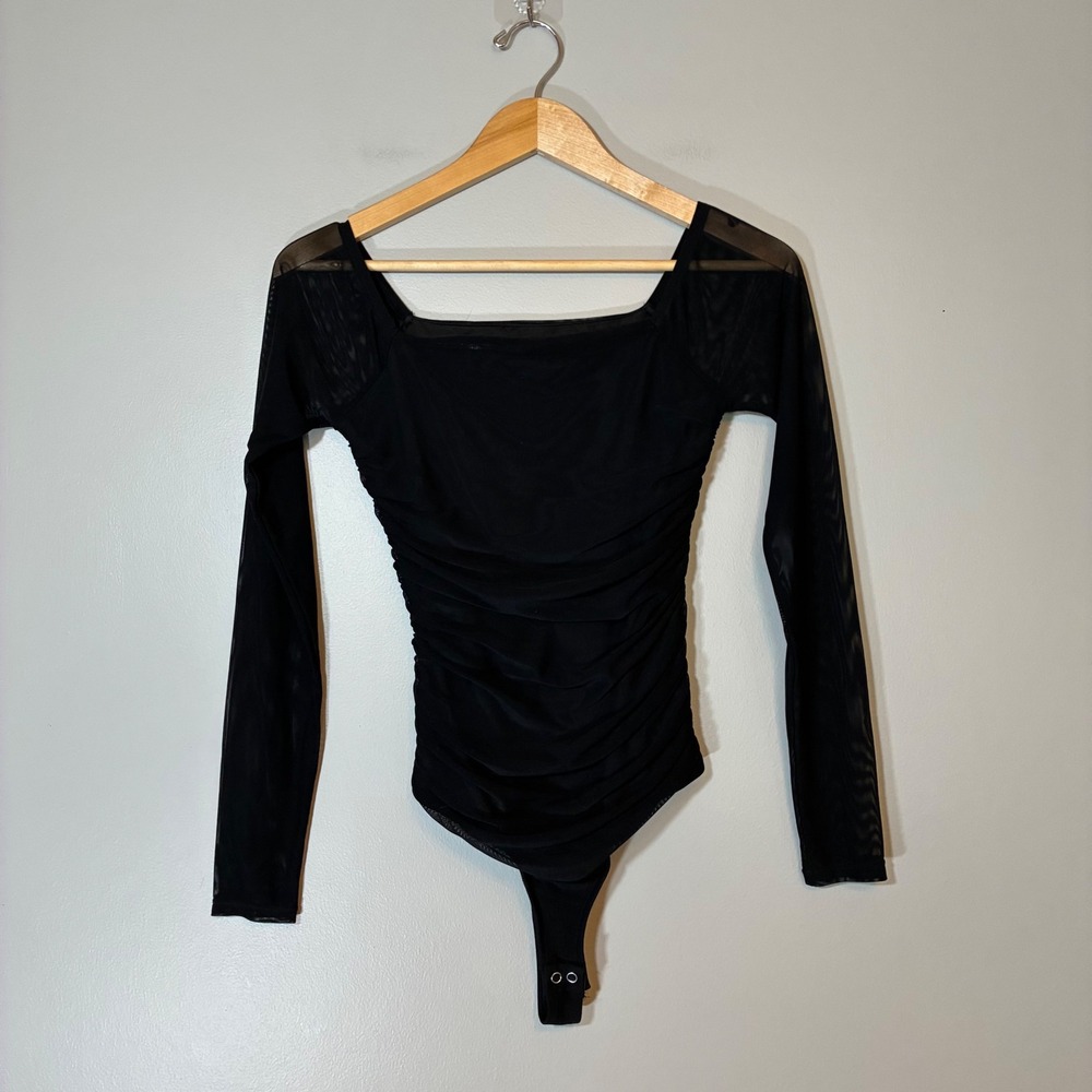 PinkmStyle Black Long Sleeve Ruched Mesh Bodice Square Neck Bodysuit Small